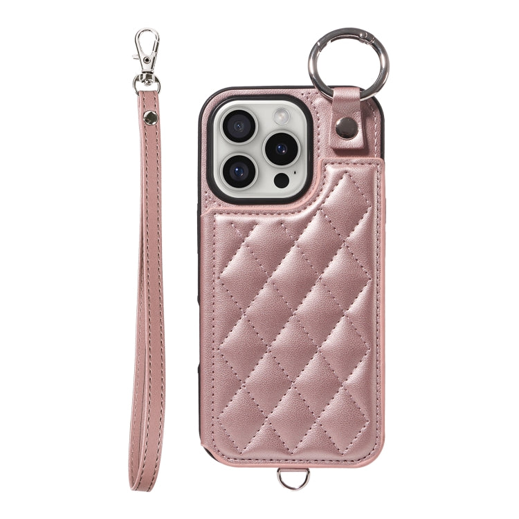 For iPhone 16 Pro Rhombic Texture Card Bag Phone Case with Short Lanyard(Rose Gold) by buy2fix