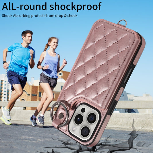 For iPhone 16 Pro Rhombic Texture Card Bag Phone Case with Short Lanyard(Rose Gold) by buy2fix