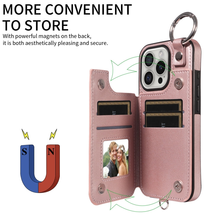 For iPhone 16 Pro Rhombic Texture Card Bag Phone Case with Short Lanyard(Rose Gold) by buy2fix