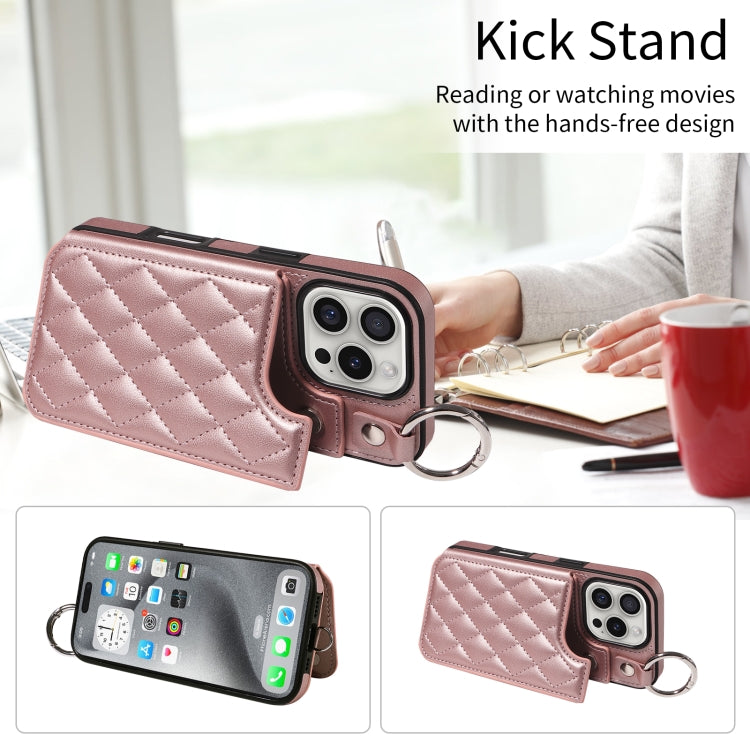 For iPhone 16 Pro Rhombic Texture Card Bag Phone Case with Short Lanyard(Rose Gold) by buy2fix