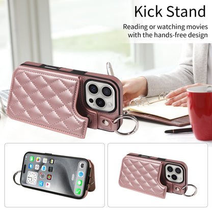 For iPhone 16 Pro Rhombic Texture Card Bag Phone Case with Short Lanyard(Rose Gold) by buy2fix