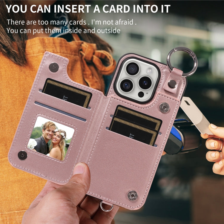 For iPhone 16 Pro Rhombic Texture Card Bag Phone Case with Short Lanyard(Rose Gold) by buy2fix