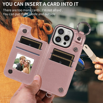 For iPhone 16 Pro Rhombic Texture Card Bag Phone Case with Short Lanyard(Rose Gold) by buy2fix