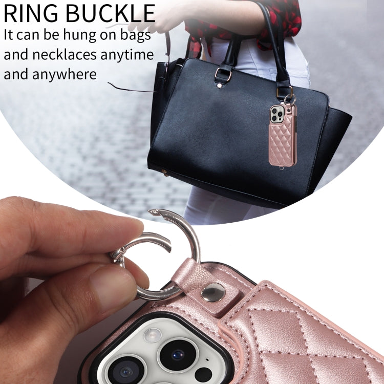For iPhone 16 Pro Rhombic Texture Card Bag Phone Case with Short Lanyard(Rose Gold) by buy2fix