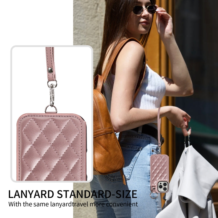 For iPhone 16 Pro Rhombic Texture Card Bag Phone Case with Short Lanyard(Rose Gold) by buy2fix