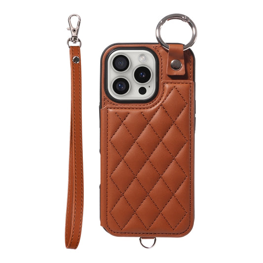 For iPhone 16 Pro Rhombic Texture Card Bag Phone Case with Short Lanyard(Brown) by buy2fix