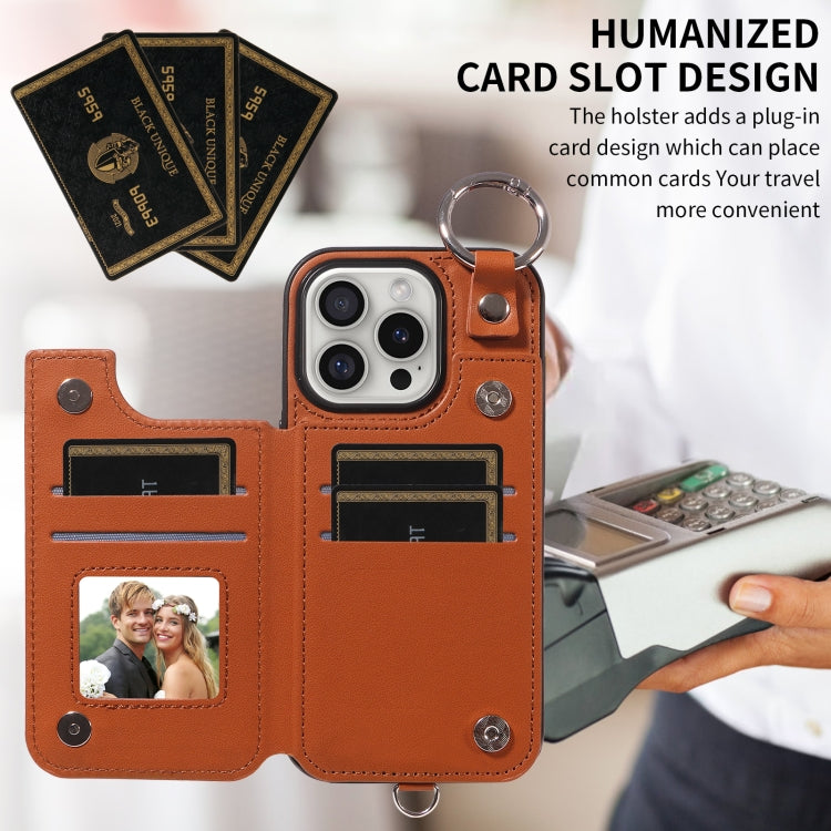 For iPhone 16 Pro Rhombic Texture Card Bag Phone Case with Short Lanyard(Brown) by buy2fix