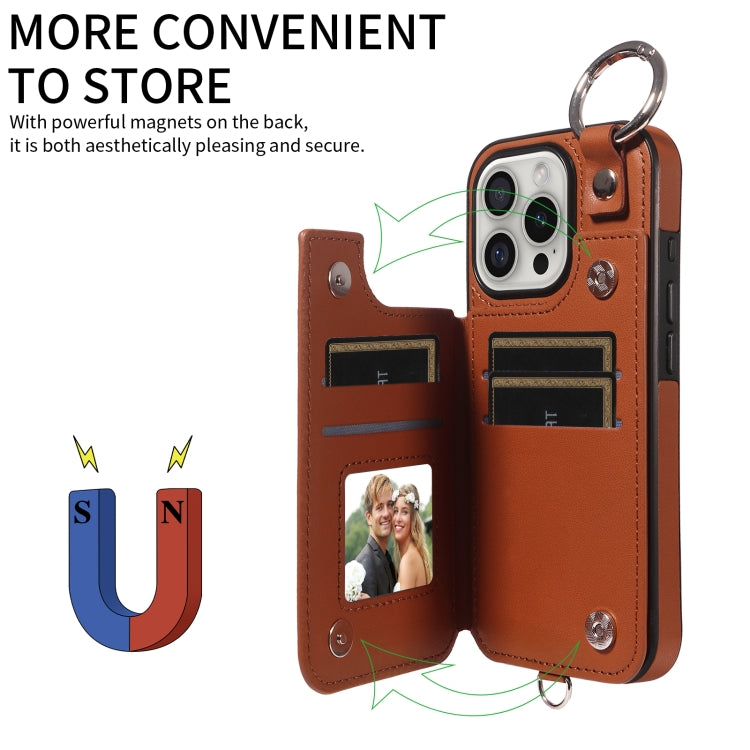 For iPhone 16 Pro Rhombic Texture Card Bag Phone Case with Short Lanyard(Brown) by buy2fix