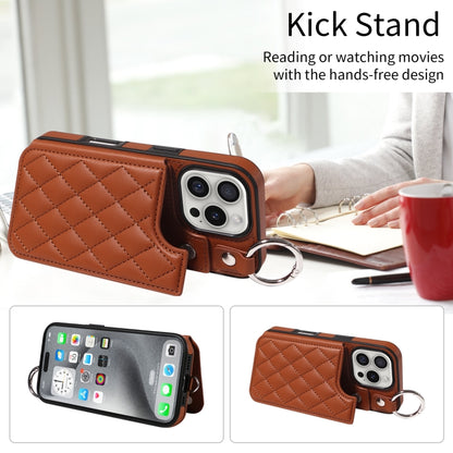 For iPhone 16 Pro Rhombic Texture Card Bag Phone Case with Short Lanyard(Brown) by buy2fix