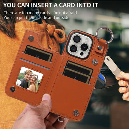 For iPhone 16 Pro Rhombic Texture Card Bag Phone Case with Short Lanyard(Brown) by buy2fix