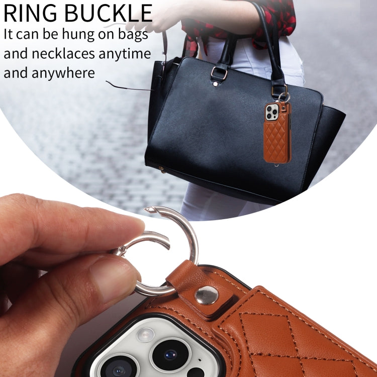 For iPhone 16 Pro Rhombic Texture Card Bag Phone Case with Short Lanyard(Brown) by buy2fix