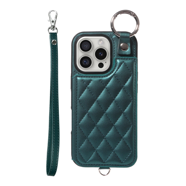 For iPhone 16 Pro Rhombic Texture Card Bag Phone Case with Short Lanyard(Green) by buy2fix