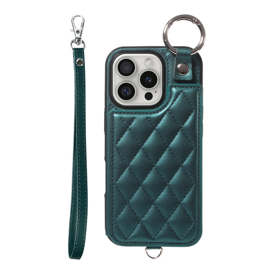 For iPhone 16 Pro Rhombic Texture Card Bag Phone Case with Short Lanyard(Green) by buy2fix