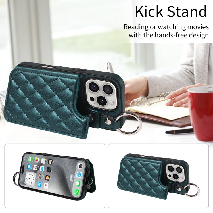 For iPhone 16 Pro Rhombic Texture Card Bag Phone Case with Short Lanyard(Green) by buy2fix