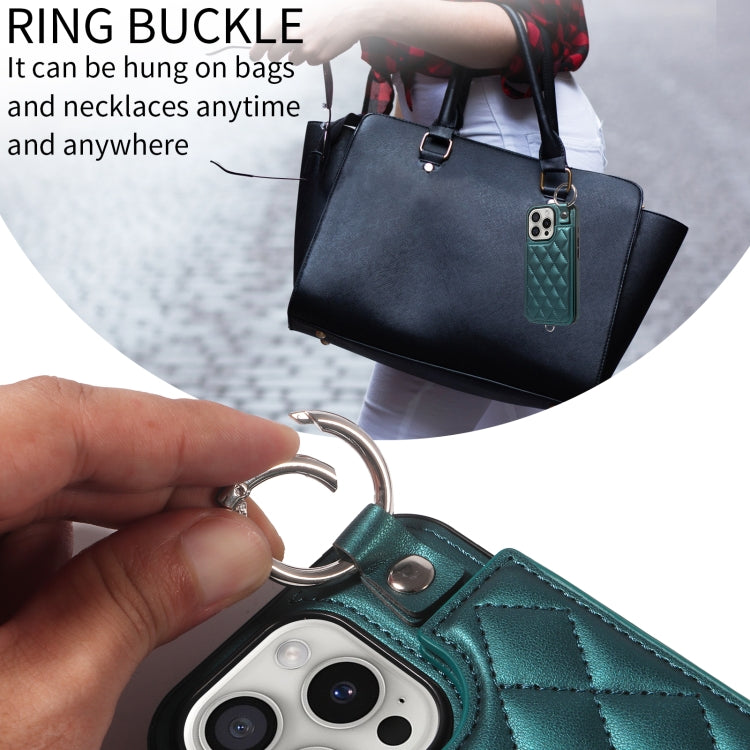 For iPhone 16 Pro Rhombic Texture Card Bag Phone Case with Short Lanyard(Green) by buy2fix