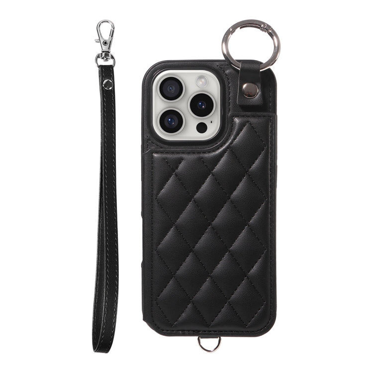 For iPhone 16 Pro Rhombic Texture Card Bag Phone Case with Short Lanyard(Black) by buy2fix