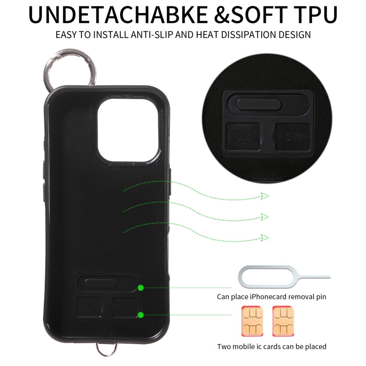 For iPhone 16 Pro Rhombic Texture Card Bag Phone Case with Short Lanyard(Black) by buy2fix