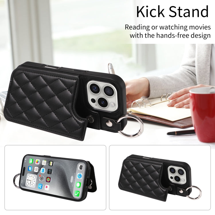 For iPhone 16 Pro Rhombic Texture Card Bag Phone Case with Short Lanyard(Black) by buy2fix