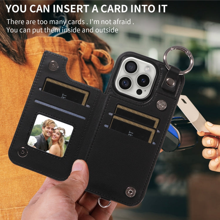 For iPhone 16 Pro Rhombic Texture Card Bag Phone Case with Short Lanyard(Black) by buy2fix