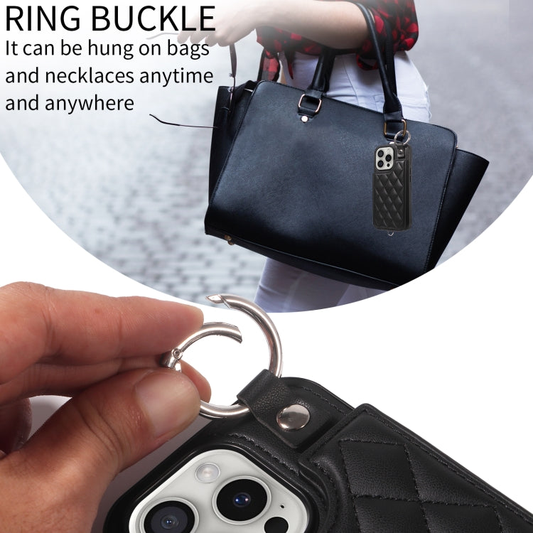 For iPhone 16 Pro Rhombic Texture Card Bag Phone Case with Short Lanyard(Black) by buy2fix