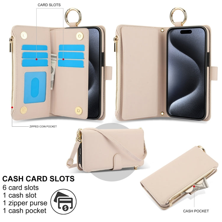 For iPhone 15 Pro Max Crossbody Ring Multifunctional Wallet Leather Phone Case(White) - iPhone 15 Pro Max Cases by buy2fix | Online Shopping UK | buy2fix
