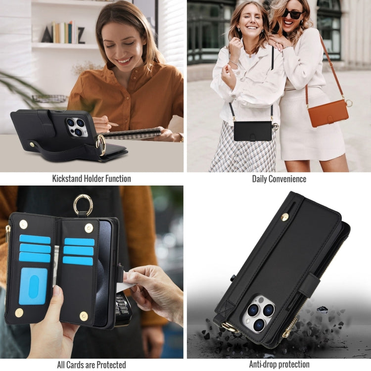 For iPhone 15 Pro Max Crossbody Ring Multifunctional Wallet Leather Phone Case(Black) - iPhone 15 Pro Max Cases by buy2fix | Online Shopping UK | buy2fix