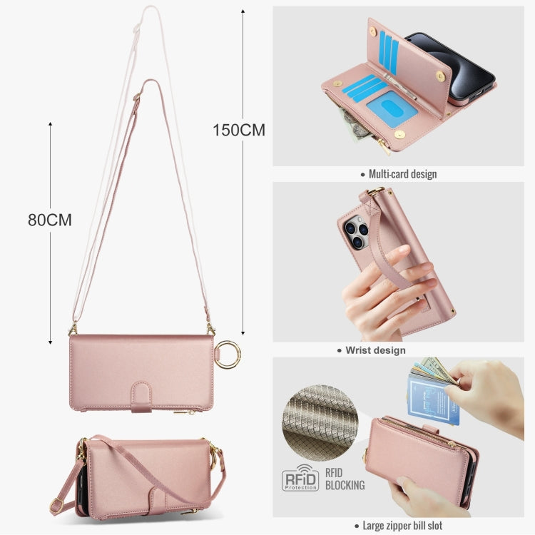 For iPhone 15 Pro Max Crossbody Ring Multifunctional Wallet Leather Phone Case(Rose Gold) - iPhone 15 Pro Max Cases by buy2fix | Online Shopping UK | buy2fix