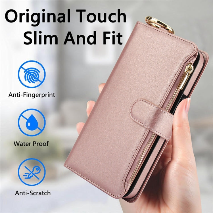 For iPhone 15 Pro Max Crossbody Ring Multifunctional Wallet Leather Phone Case(Rose Gold) - iPhone 15 Pro Max Cases by buy2fix | Online Shopping UK | buy2fix