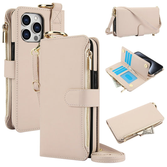 For iPhone 15 Pro Crossbody Ring Multifunctional Wallet Leather Phone Case(White) - iPhone 15 Pro Cases by buy2fix | Online Shopping UK | buy2fix
