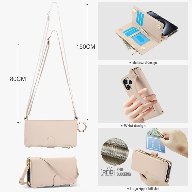 For iPhone 15 Pro Crossbody Ring Multifunctional Wallet Leather Phone Case(White) - iPhone 15 Pro Cases by buy2fix | Online Shopping UK | buy2fix