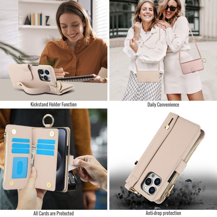 For iPhone 15 Pro Crossbody Ring Multifunctional Wallet Leather Phone Case(White) - iPhone 15 Pro Cases by buy2fix | Online Shopping UK | buy2fix