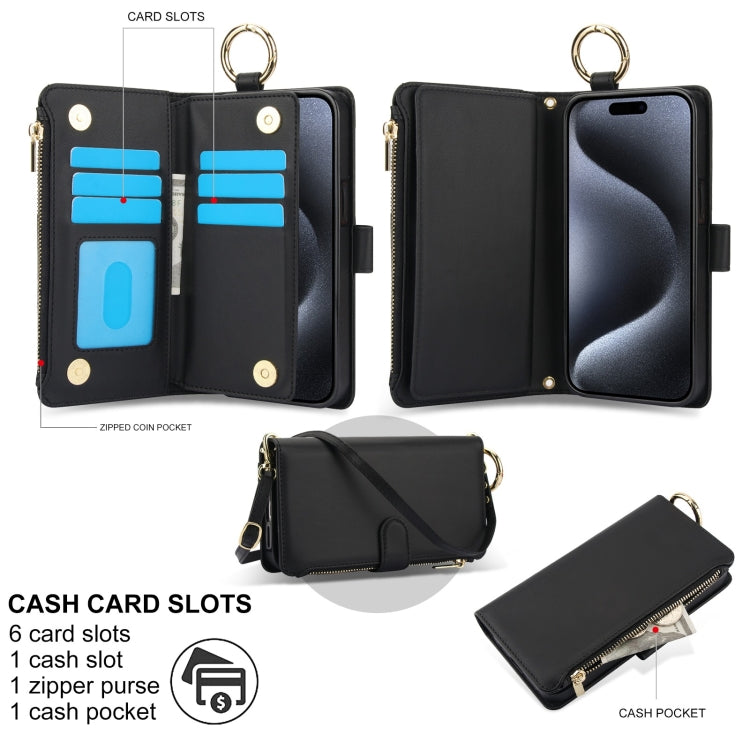 For iPhone 15 Pro Crossbody Ring Multifunctional Wallet Leather Phone Case(Black) - iPhone 15 Pro Cases by buy2fix | Online Shopping UK | buy2fix