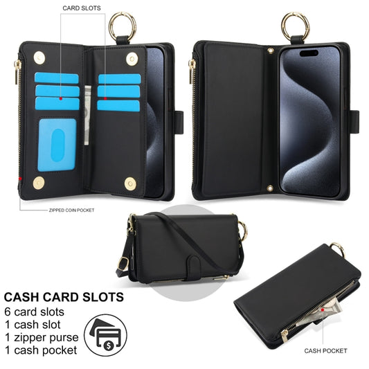 For iPhone 15 Pro Crossbody Ring Multifunctional Wallet Leather Phone Case(Black) - iPhone 15 Pro Cases by buy2fix | Online Shopping UK | buy2fix