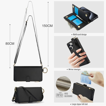 For iPhone 15 Pro Crossbody Ring Multifunctional Wallet Leather Phone Case(Black) - iPhone 15 Pro Cases by buy2fix | Online Shopping UK | buy2fix