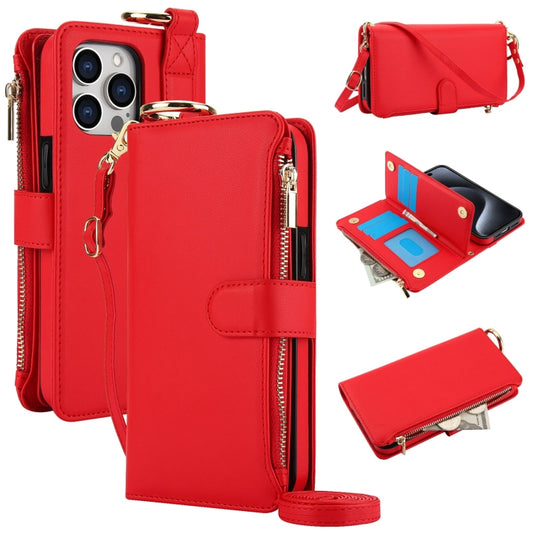 For iPhone 15 Pro Crossbody Ring Multifunctional Wallet Leather Phone Case(Red) - iPhone 15 Pro Cases by buy2fix | Online Shopping UK | buy2fix