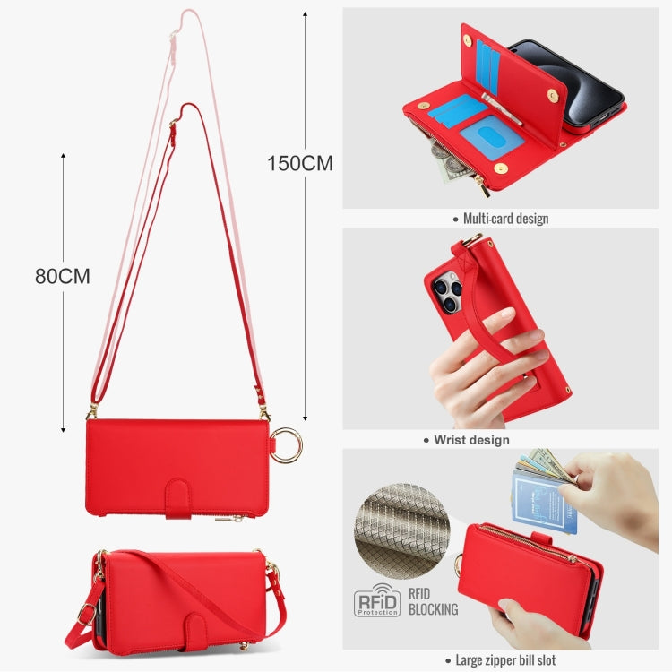 For iPhone 15 Pro Crossbody Ring Multifunctional Wallet Leather Phone Case(Red) - iPhone 15 Pro Cases by buy2fix | Online Shopping UK | buy2fix
