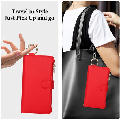 For iPhone 15 Pro Crossbody Ring Multifunctional Wallet Leather Phone Case(Red) - iPhone 15 Pro Cases by buy2fix | Online Shopping UK | buy2fix