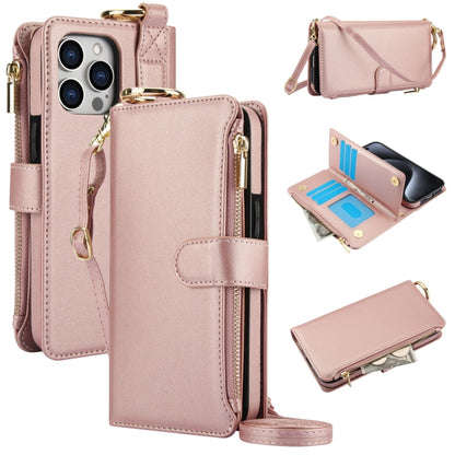 For iPhone 15 Pro Crossbody Ring Multifunctional Wallet Leather Phone Case(Rose Gold) - iPhone 15 Pro Cases by buy2fix | Online Shopping UK | buy2fix