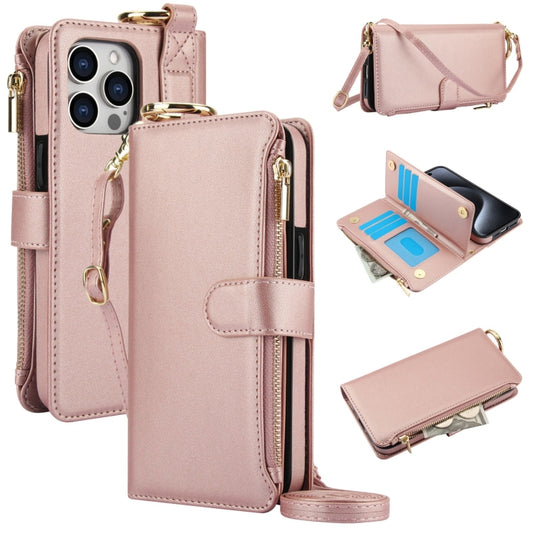 For iPhone 15 Pro Crossbody Ring Multifunctional Wallet Leather Phone Case(Rose Gold) - iPhone 15 Pro Cases by buy2fix | Online Shopping UK | buy2fix