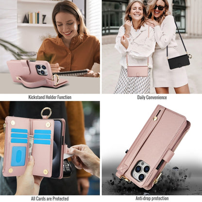 For iPhone 15 Pro Crossbody Ring Multifunctional Wallet Leather Phone Case(Rose Gold) - iPhone 15 Pro Cases by buy2fix | Online Shopping UK | buy2fix