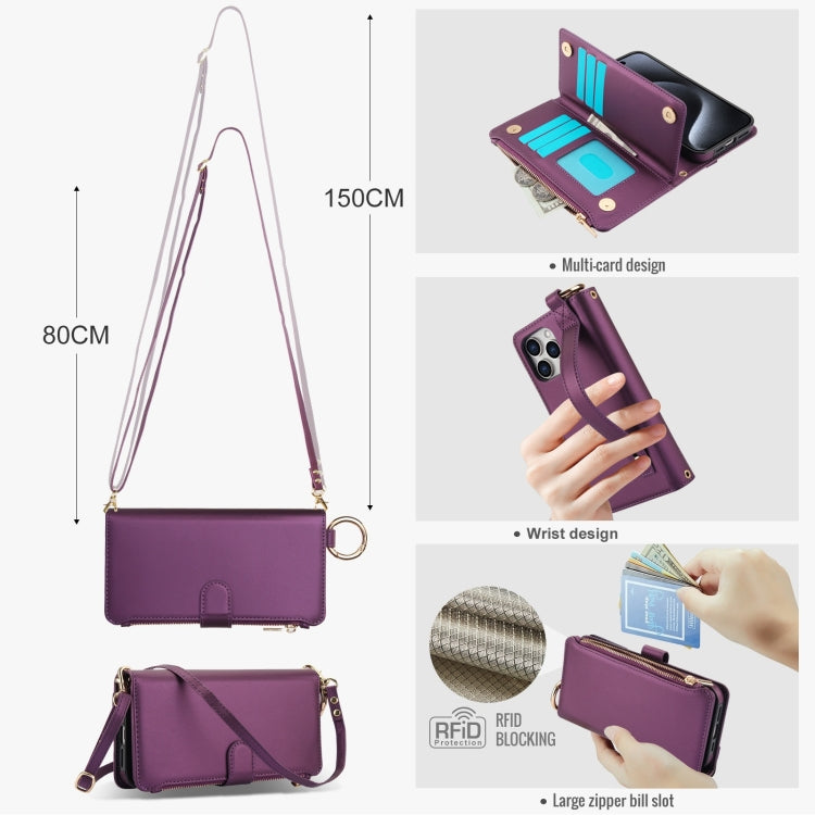 For iPhone 15 Pro Crossbody Ring Multifunctional Wallet Leather Phone Case(Dark Purple) - iPhone 15 Pro Cases by buy2fix | Online Shopping UK | buy2fix