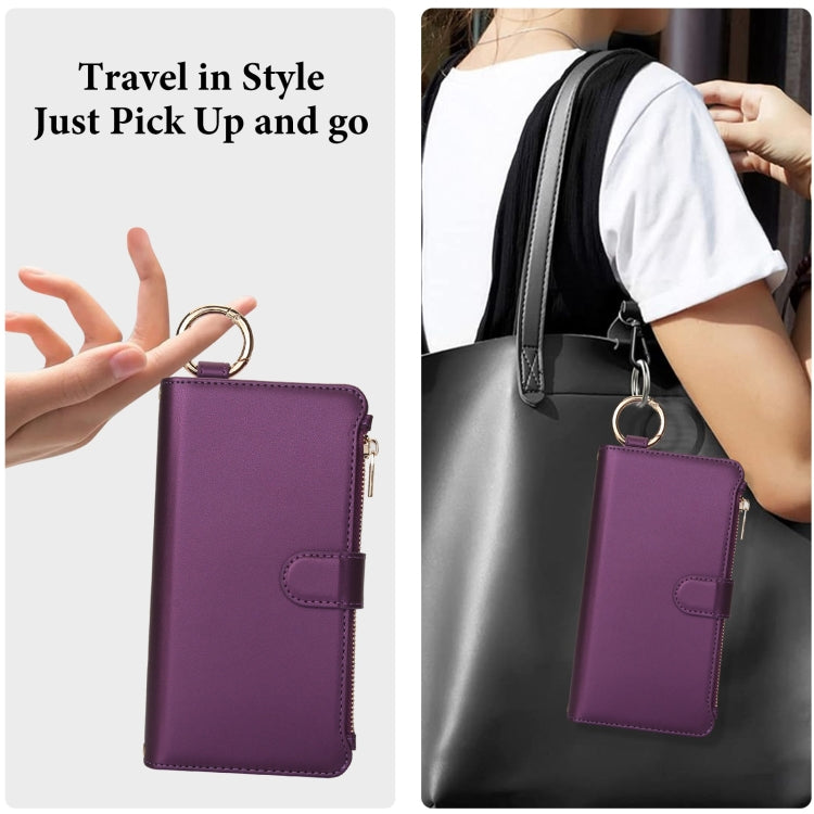 For iPhone 15 Pro Crossbody Ring Multifunctional Wallet Leather Phone Case(Dark Purple) - iPhone 15 Pro Cases by buy2fix | Online Shopping UK | buy2fix