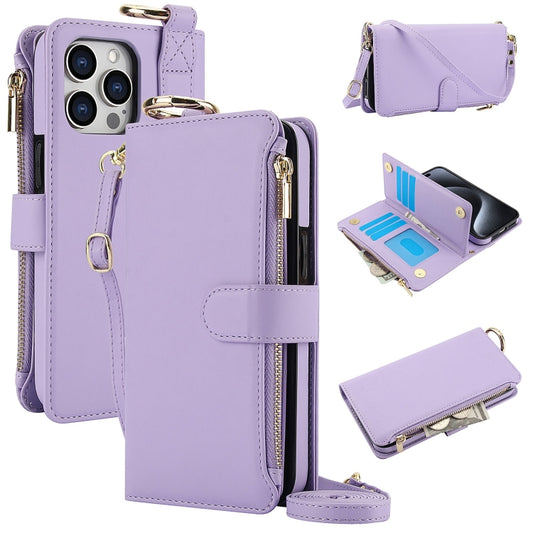 For iPhone 15 Pro Crossbody Ring Multifunctional Wallet Leather Phone Case(Purple) - iPhone 15 Pro Cases by buy2fix | Online Shopping UK | buy2fix