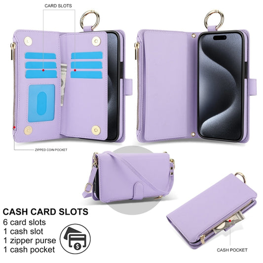 For iPhone 15 Pro Crossbody Ring Multifunctional Wallet Leather Phone Case(Purple) - iPhone 15 Pro Cases by buy2fix | Online Shopping UK | buy2fix