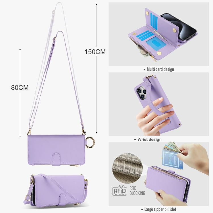 For iPhone 15 Pro Crossbody Ring Multifunctional Wallet Leather Phone Case(Purple) - iPhone 15 Pro Cases by buy2fix | Online Shopping UK | buy2fix