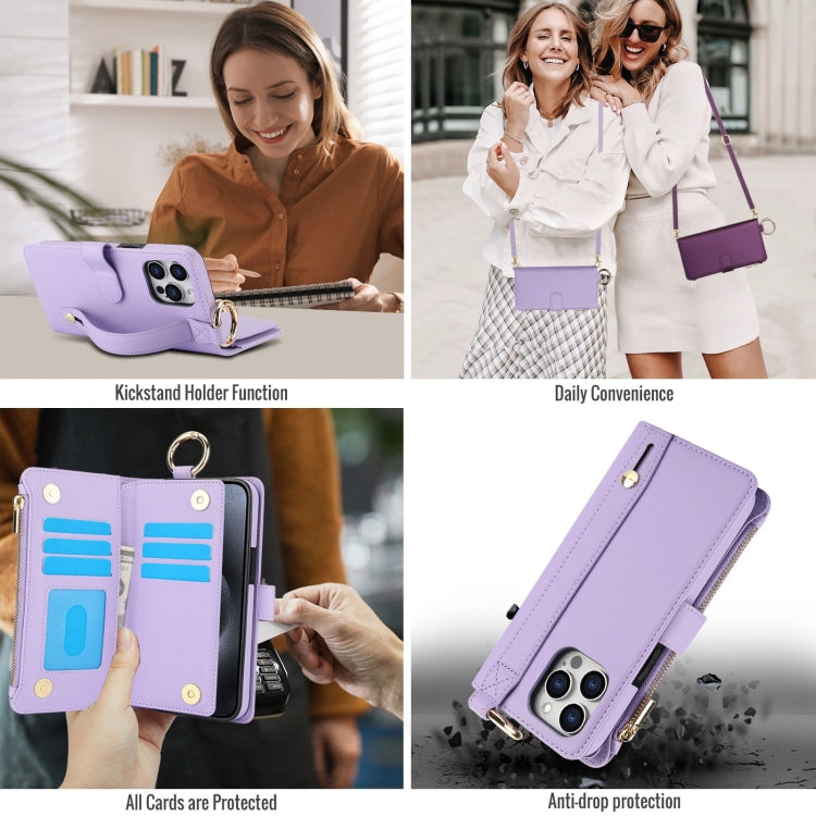 For iPhone 15 Pro Crossbody Ring Multifunctional Wallet Leather Phone Case(Purple) - iPhone 15 Pro Cases by buy2fix | Online Shopping UK | buy2fix