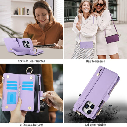 For iPhone 15 Pro Crossbody Ring Multifunctional Wallet Leather Phone Case(Purple) - iPhone 15 Pro Cases by buy2fix | Online Shopping UK | buy2fix