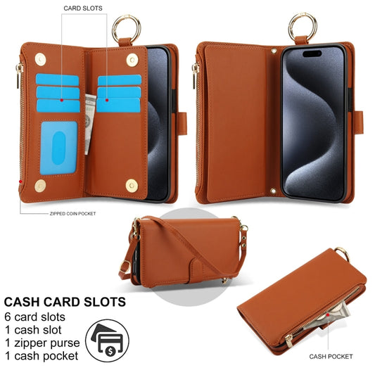 For iPhone 15 Pro Crossbody Ring Multifunctional Wallet Leather Phone Case(Brown) - iPhone 15 Pro Cases by buy2fix | Online Shopping UK | buy2fix