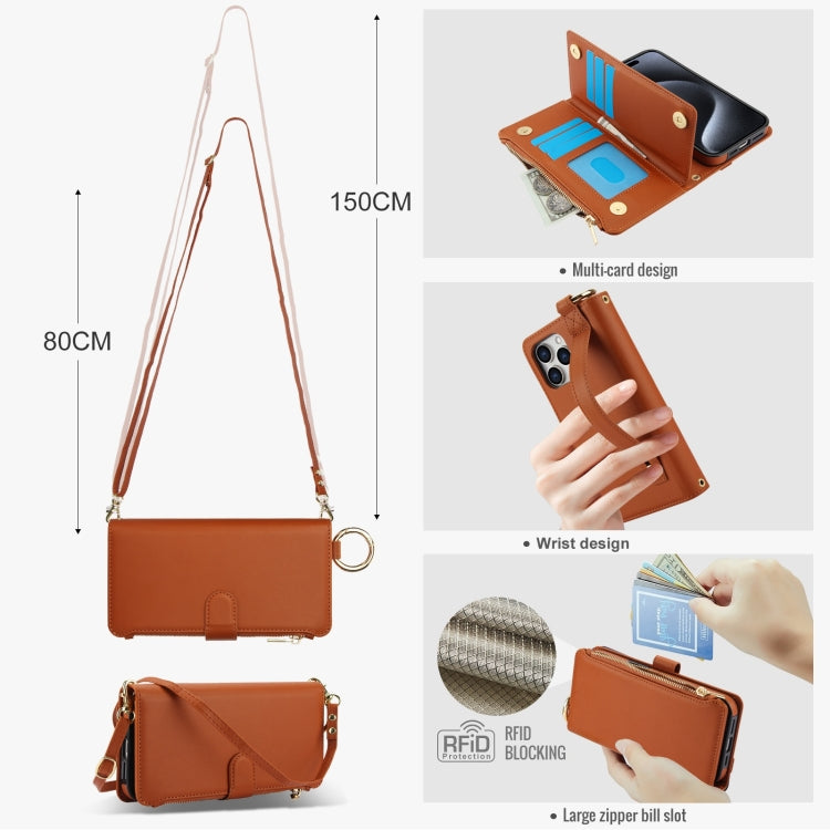 For iPhone 15 Pro Crossbody Ring Multifunctional Wallet Leather Phone Case(Brown) - iPhone 15 Pro Cases by buy2fix | Online Shopping UK | buy2fix