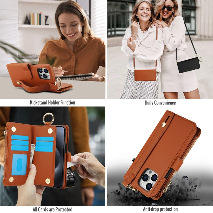 For iPhone 15 Pro Crossbody Ring Multifunctional Wallet Leather Phone Case(Brown) - iPhone 15 Pro Cases by buy2fix | Online Shopping UK | buy2fix